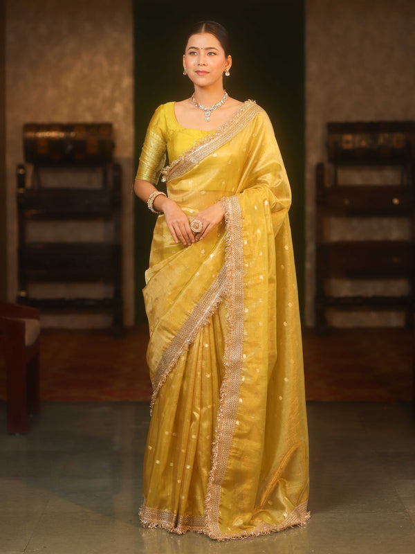 Banarasee Handwoven Tissue Saree Zari Buti With Lace-Mustard Yellow