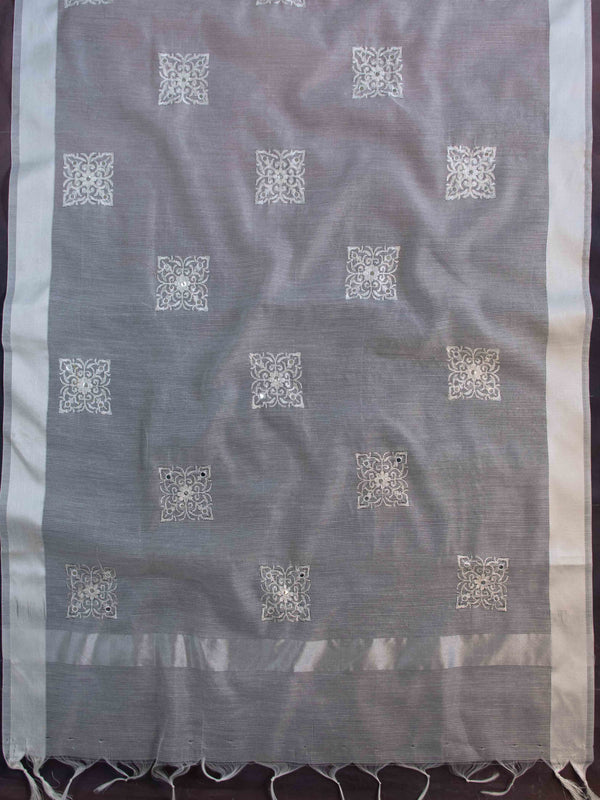 Banarasee Cotton Silk Kota Check Embroidered Buta & Mirror Work Dupatta-White