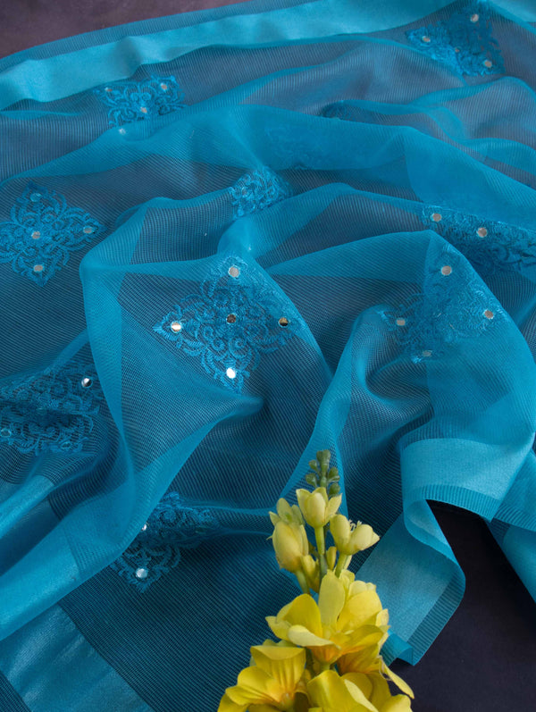 Banarasee Cotton Silk Kota Check Embroidered Buta & Mirror Work Dupatta-Blue