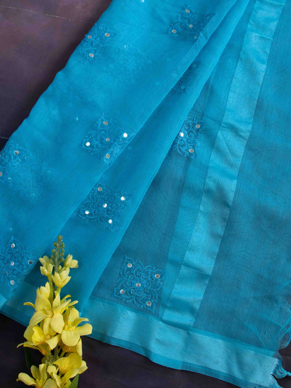 Banarasee Cotton Silk Kota Check Embroidered Buta & Mirror Work Dupatta-Blue