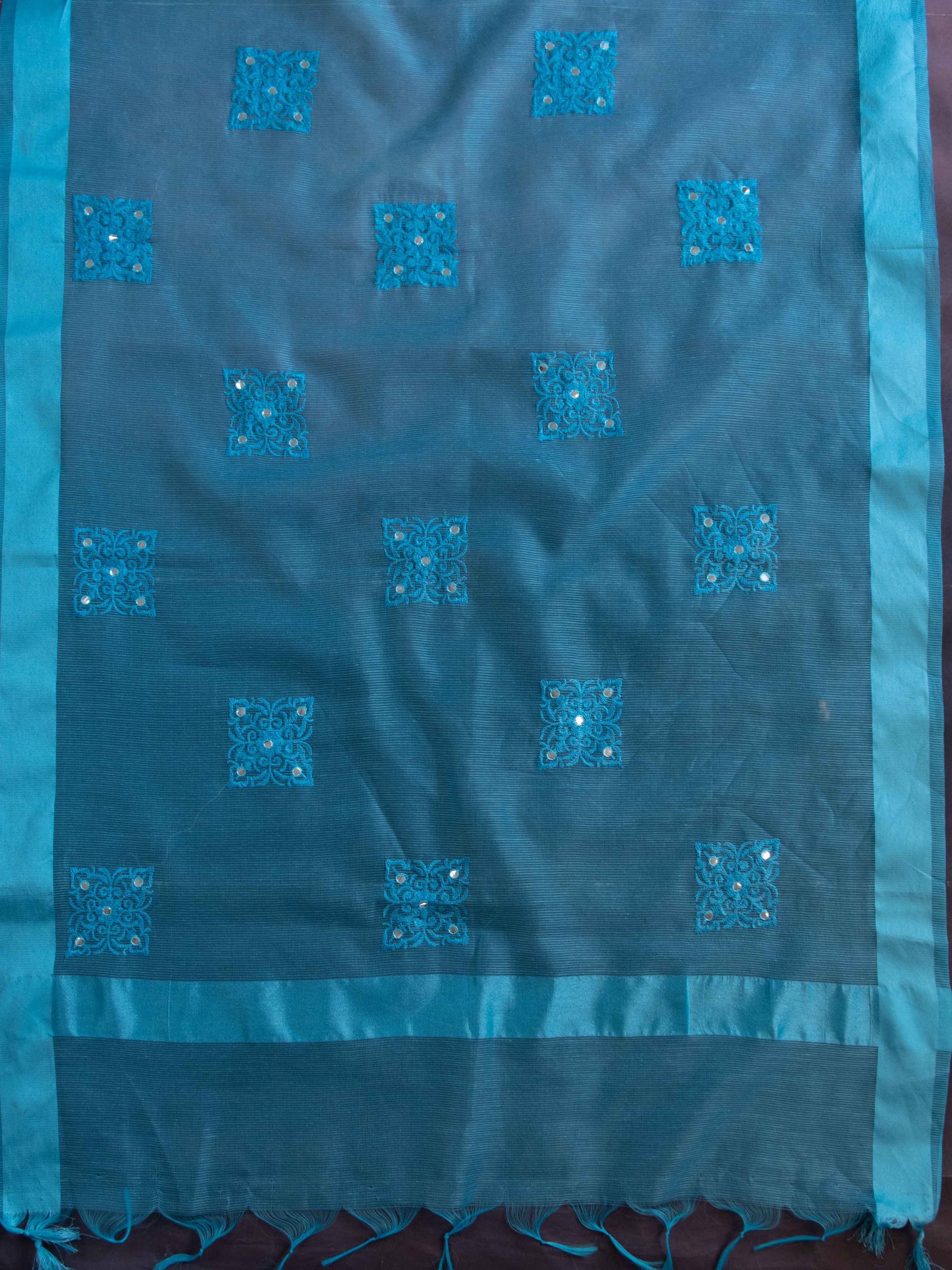 Banarasee Cotton Silk Kota Check Embroidered Buta & Mirror Work Dupatta-Blue