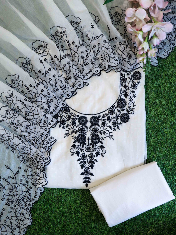 Banarasee Semi-Stitched Mul Cotton Salwar Kameez Set With Cotton Silk Dupatta-White