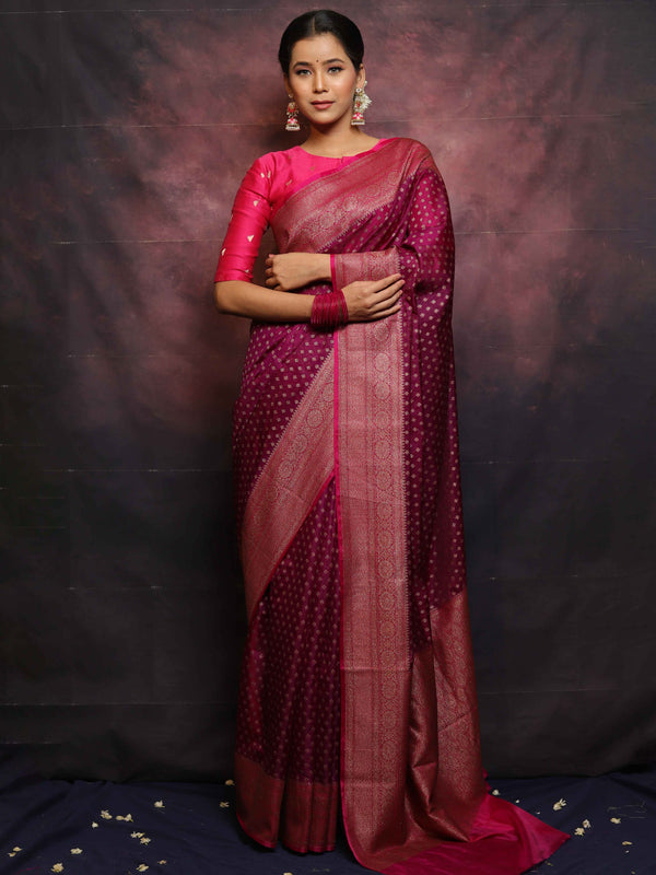 Banarasee Semi-Chiffon Antique Zari Saree Contrast Border Saree-Violet & Pink