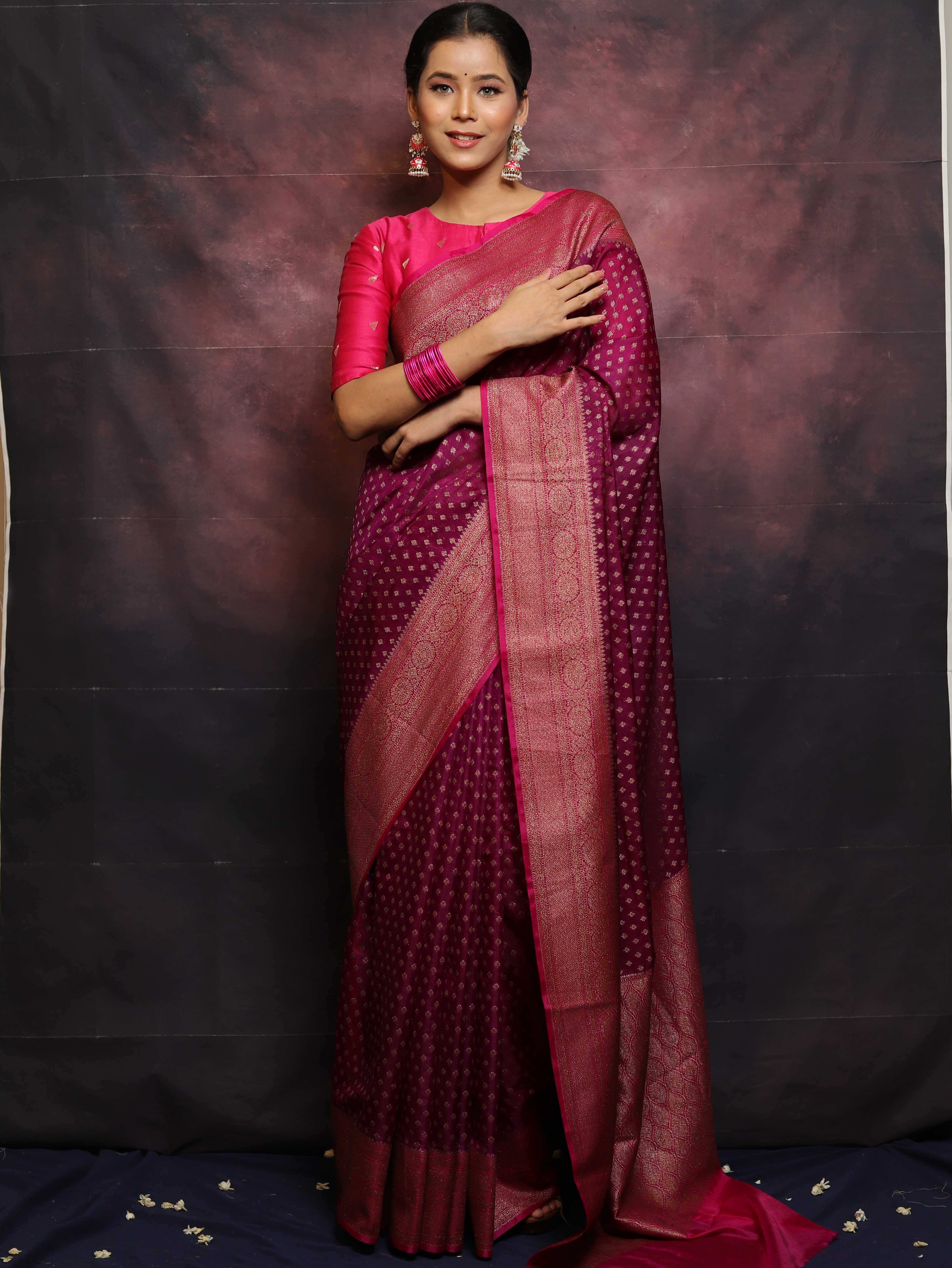 Banarasee Semi-Chiffon Antique Zari Saree Contrast Border Saree-Violet & Pink