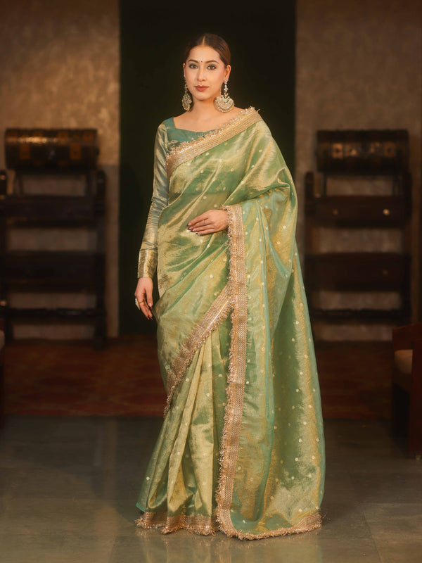 Banarasee Handwoven Tissue Saree Zari Buti With Lace-Pastel Green