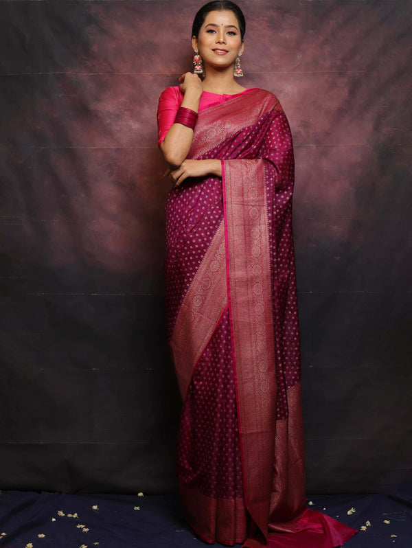 Banarasee Semi-Chiffon Antique Zari Saree Contrast Border Saree-Violet & Pink