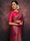 Banarasee Semi-Chiffon Antique Zari Saree Contrast Border Saree-Violet & Pink