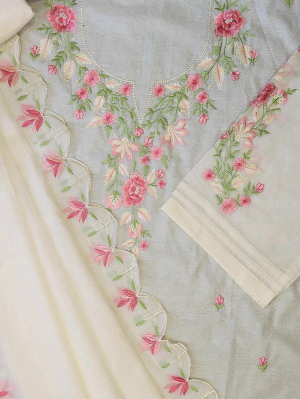 Banarasee Semi-Stitched Mul Cotton Salwar Kameez Set With Cotton Silk Dupatta-Off White