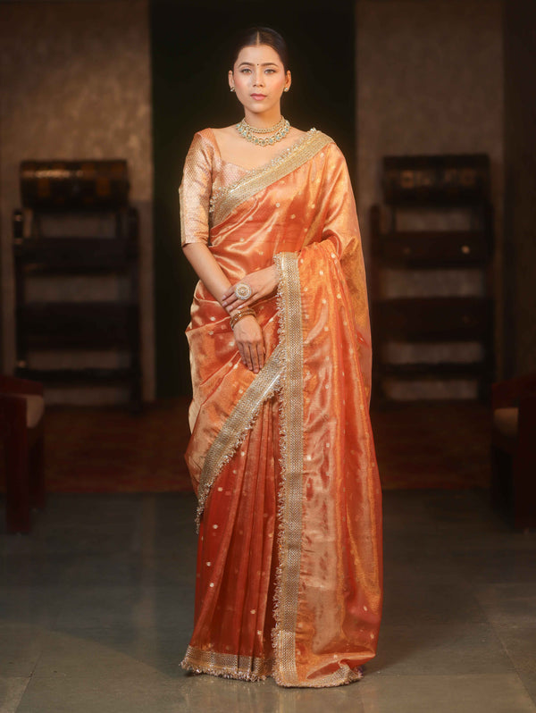 Banarasee Handwoven Tissue Saree Zari Buti With Lace-Peach