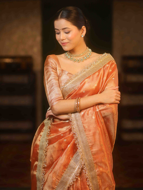 Banarasee Handwoven Tissue Saree Zari Buti With Lace-Peach