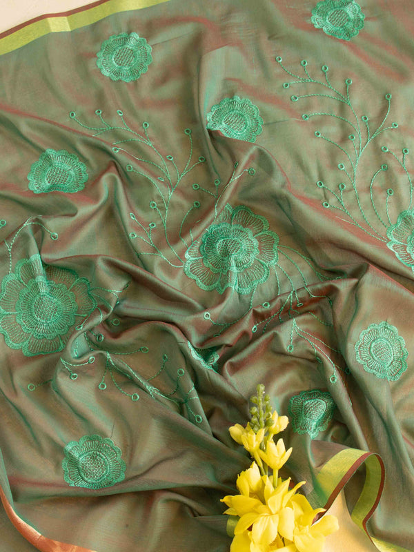 Banarasee Cotton Silk Embroidered Floral Design Dupatta-Green (Dual Tone)