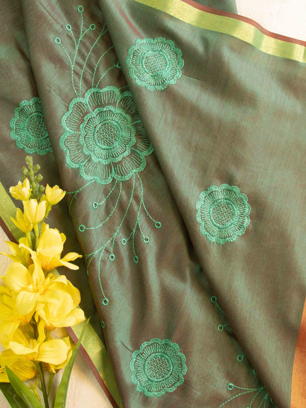 Banarasee Cotton Silk Embroidered Floral Design Dupatta-Green (Dual Tone)