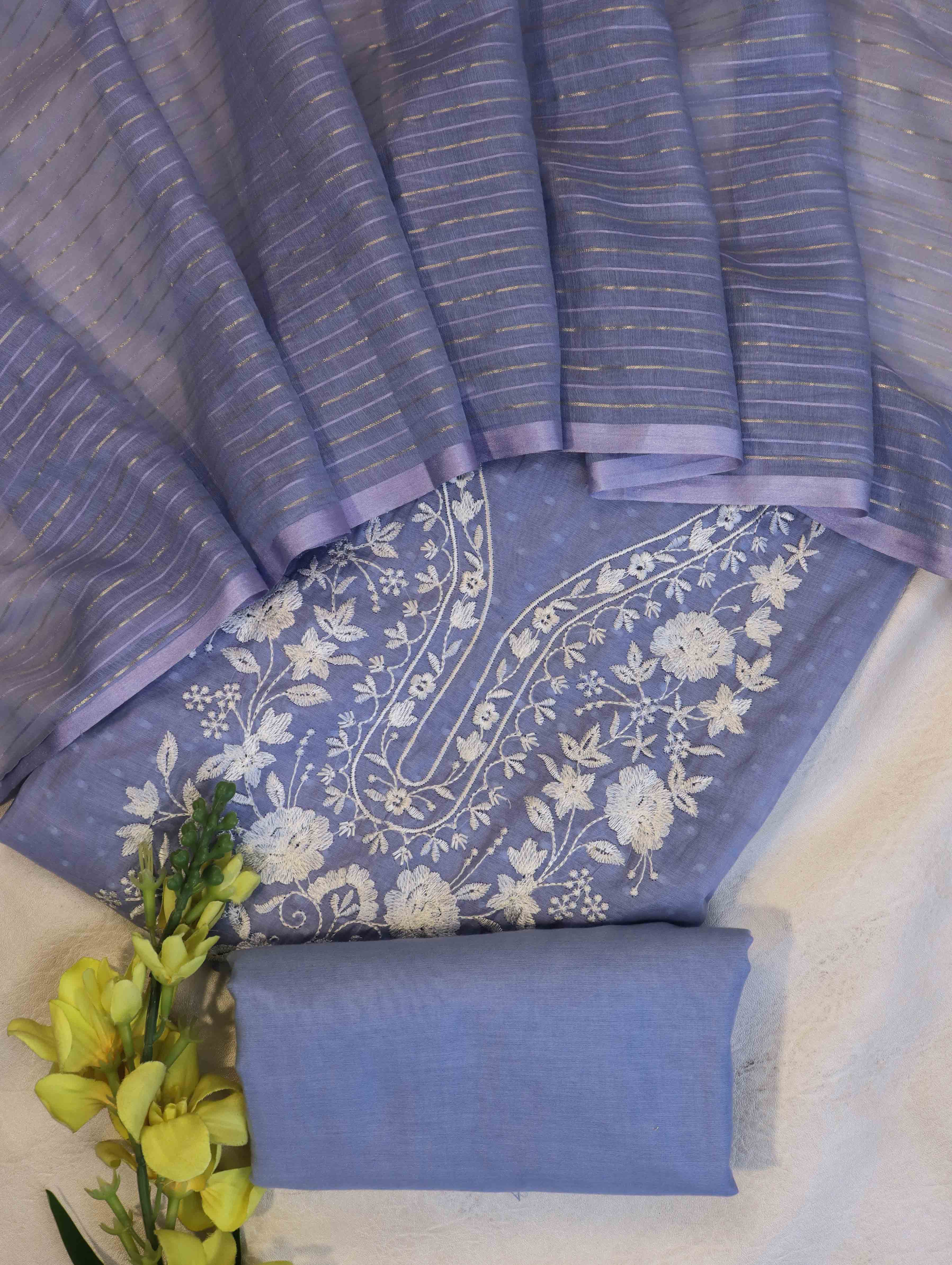 Banarasee Semi-Stitched Mul Cotton Salwar Kameez Set With Cotton Silk Dupatta-Light Blue