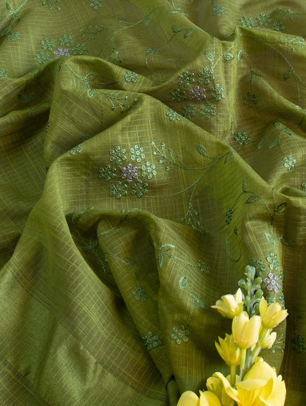 Banarasee Cotton Silk Embroidered Jaal Design Dupatta-Olive Green