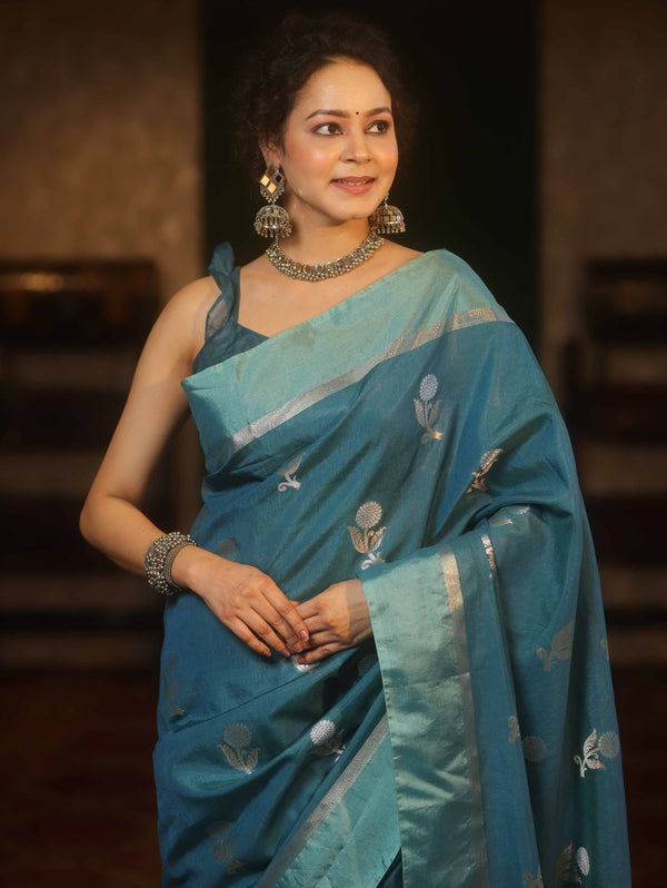 Banarasee Handwoven Semi Silk Saree With Sona Rupa Zari Buti Design-Cobalt Blue
