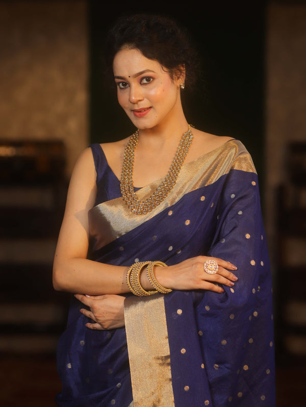 Banarasee Handwoven Semi Silk Saree With Zari Buti Design-Blue