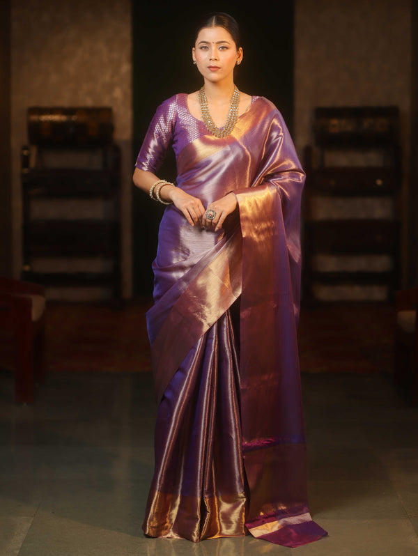 Banarasee Handwoven Tissue Zari Saree With Contrast Border-Purple & Gold