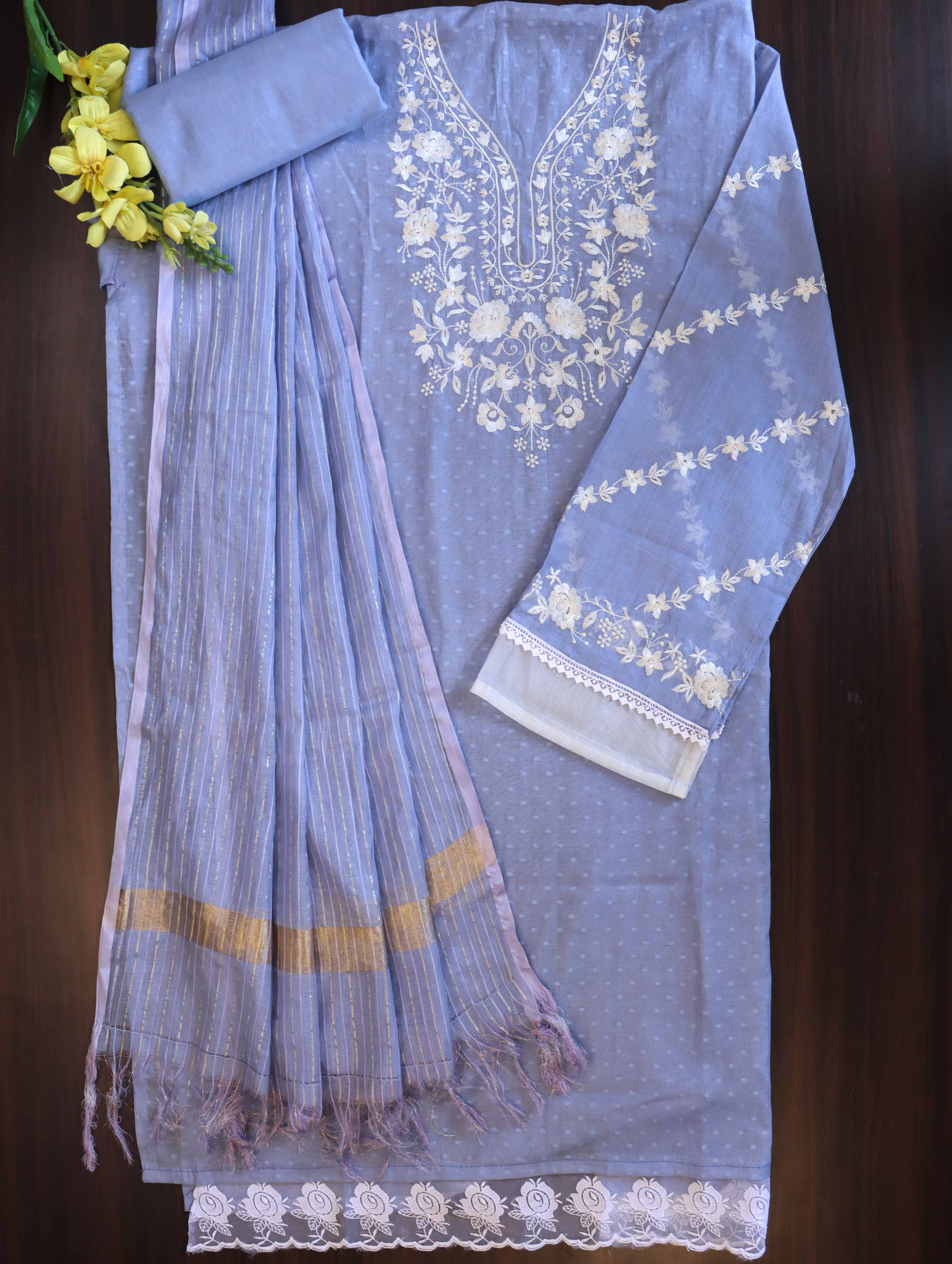 Banarasee Semi-Stitched Mul Cotton Salwar Kameez Set With Cotton Silk Dupatta-Light Blue