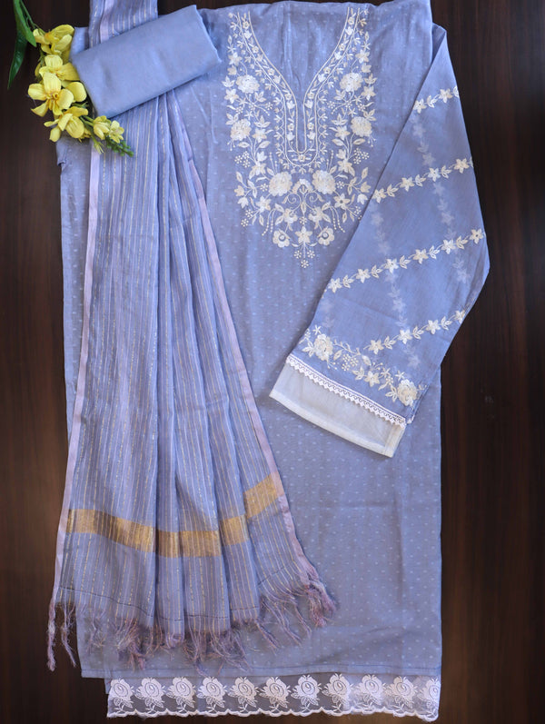 Banarasee Semi-Stitched Mul Cotton Salwar Kameez Set With Cotton Silk Dupatta-Light Blue