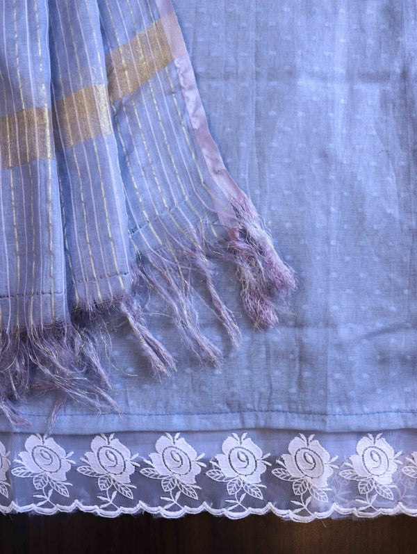 Banarasee Semi-Stitched Mul Cotton Salwar Kameez Set With Cotton Silk Dupatta-Light Blue