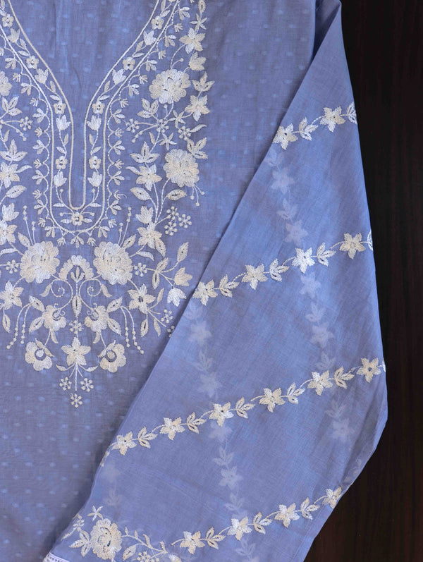 Banarasee Semi-Stitched Mul Cotton Salwar Kameez Set With Cotton Silk Dupatta-Light Blue