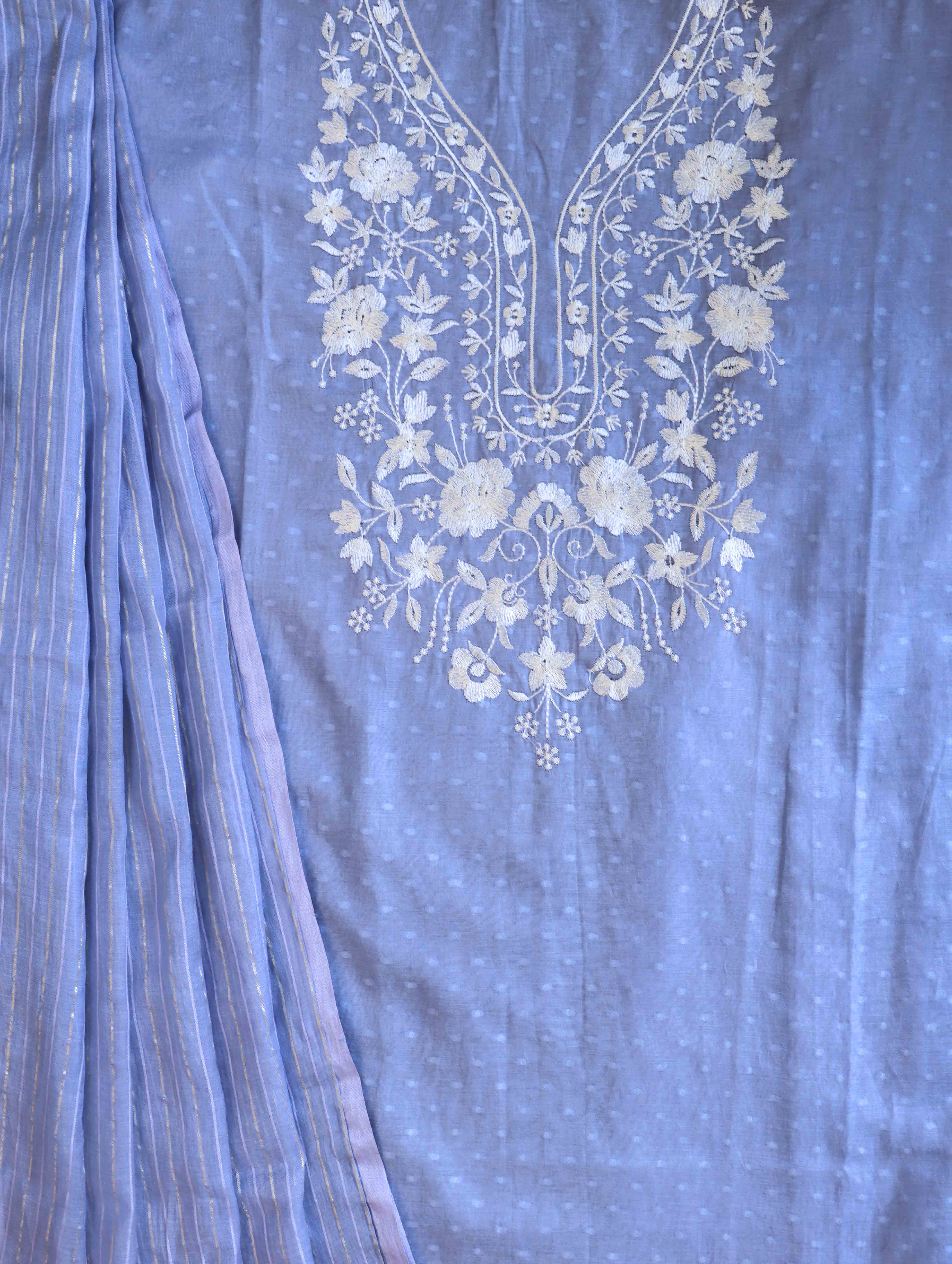 Banarasee Semi-Stitched Mul Cotton Salwar Kameez Set With Cotton Silk Dupatta-Light Blue