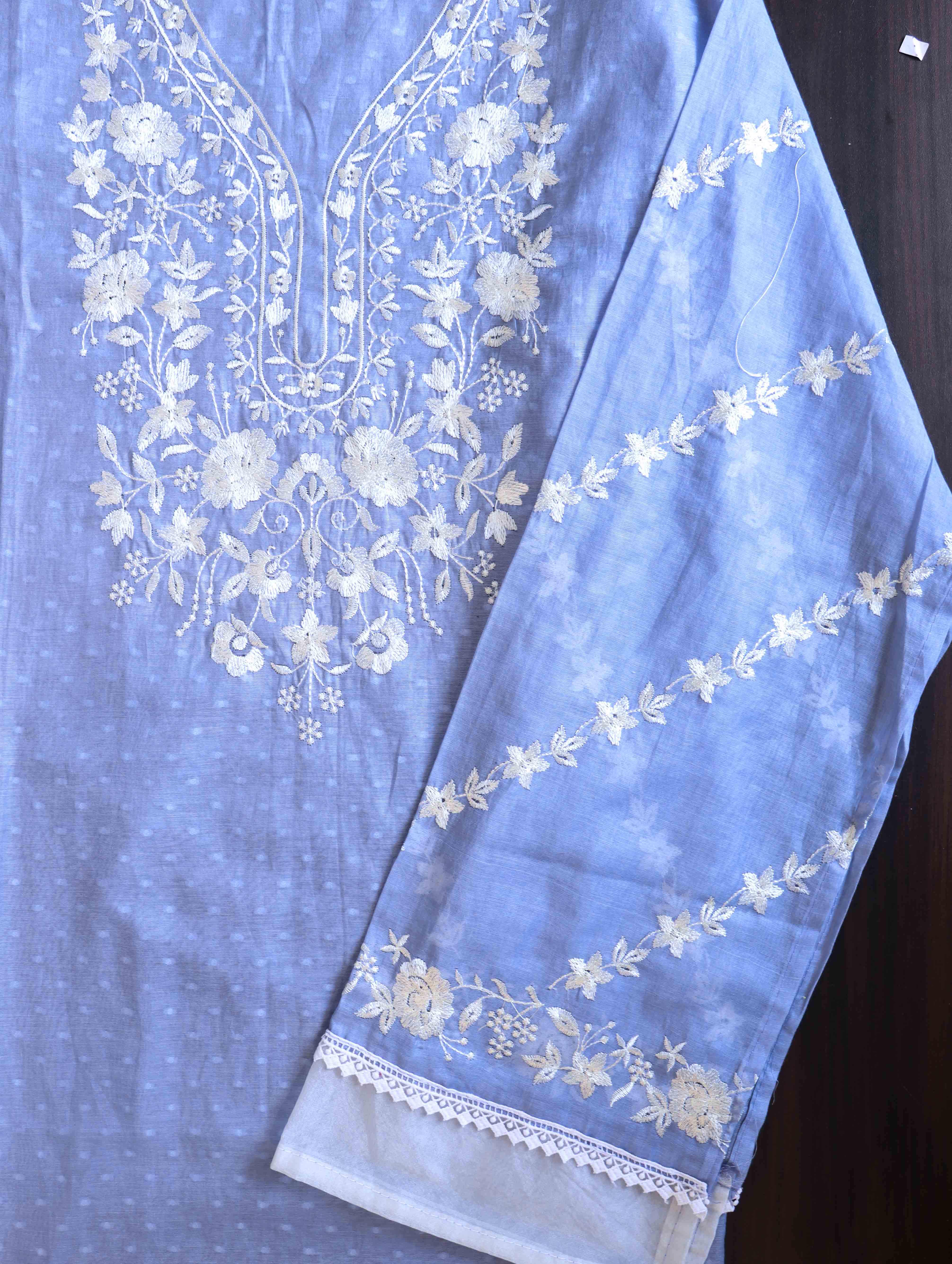 Banarasee Semi-Stitched Mul Cotton Salwar Kameez Set With Cotton Silk Dupatta-Light Blue