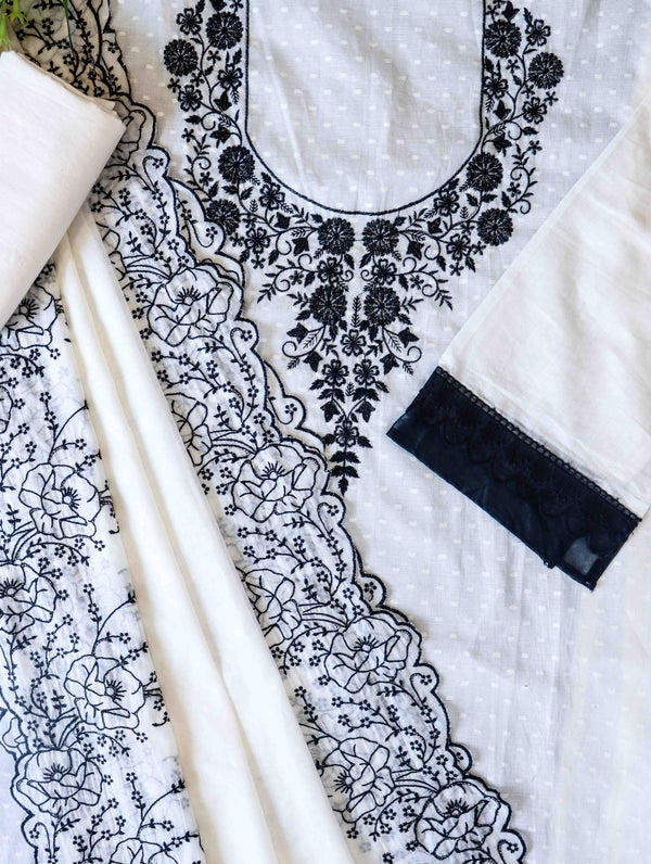 Banarasee Semi-Stitched Mul Cotton Salwar Kameez Set With Cotton Silk Dupatta-White