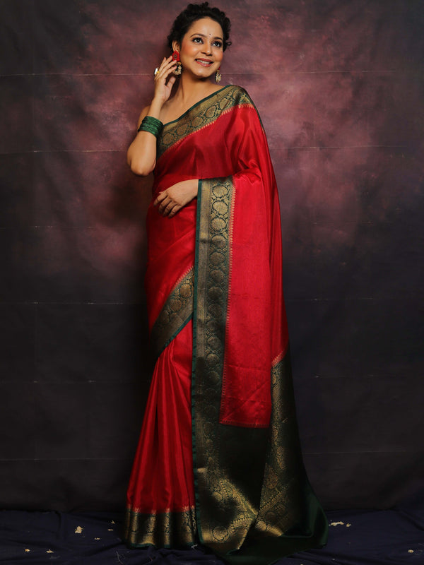 Banarasee Handwoven Semi Silk Plain Saree With Zari Contrast Border-Red & Green
