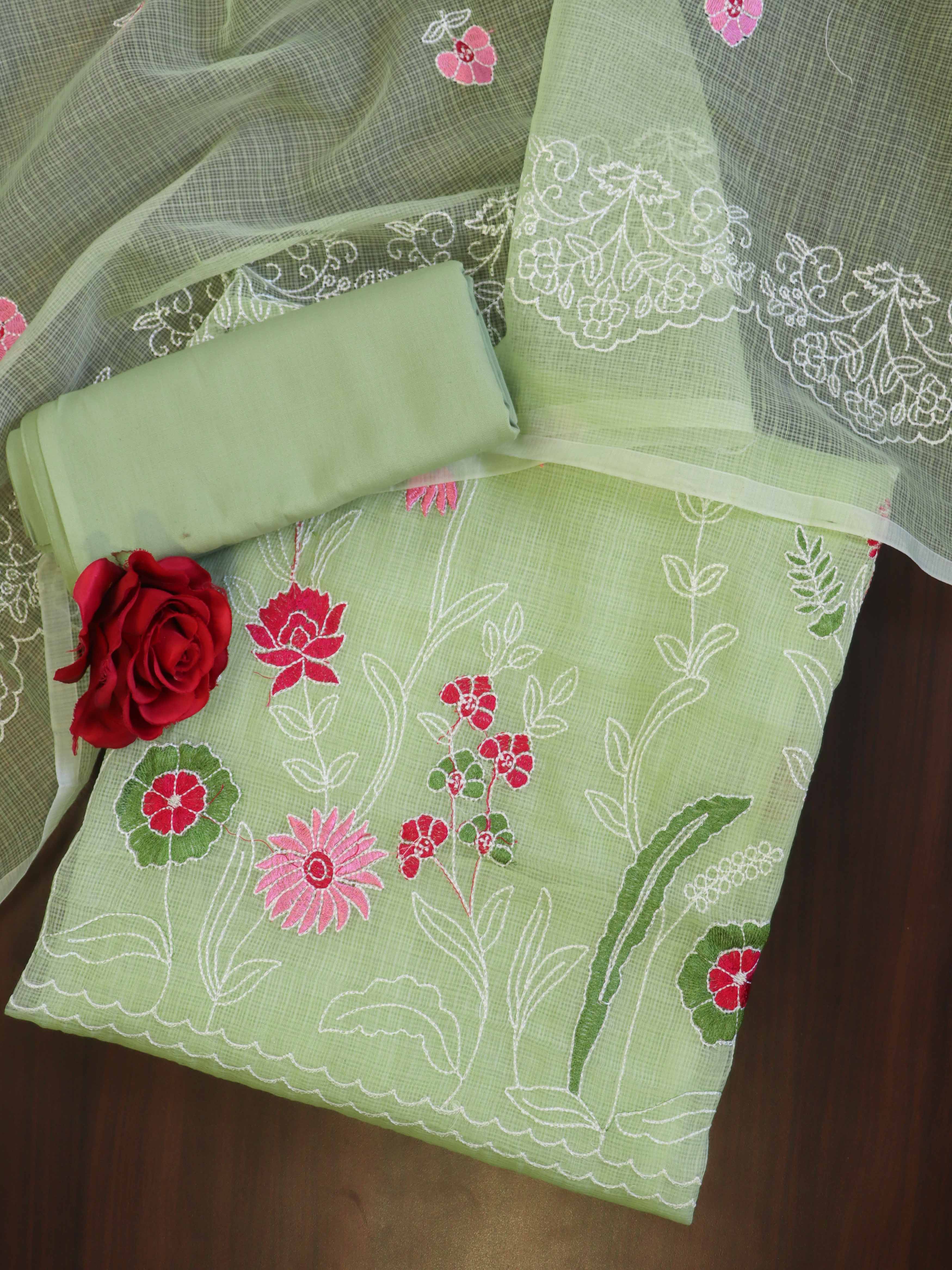 Banarasee Kota Doria Hand Embroidered Salwar Kameez Dupatta Set-Light Green