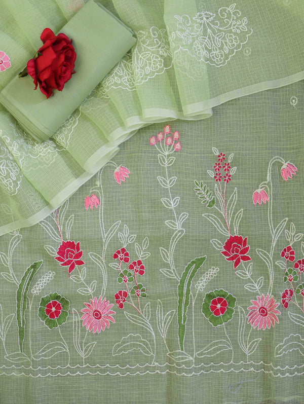 Banarasee Kota Doria Hand Embroidered Salwar Kameez Dupatta Set-Light Green