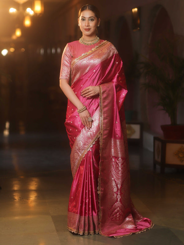 Banarasee Handloom Mashru Silk Saree Zari Border With Lace-Pink