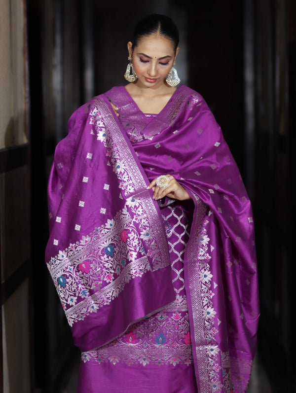 Banarasee Semi-Silk Silver Zari Work Salwar Kameez Fabric With Dupatta Set-Violet