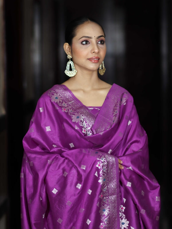 Banarasee Semi-Silk Silver Zari Work Salwar Kameez Fabric With Dupatta Set-Violet