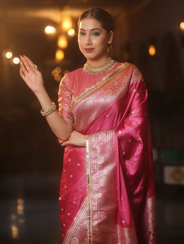 Banarasee Handloom Mashru Silk Saree Zari Border With Lace-Pink