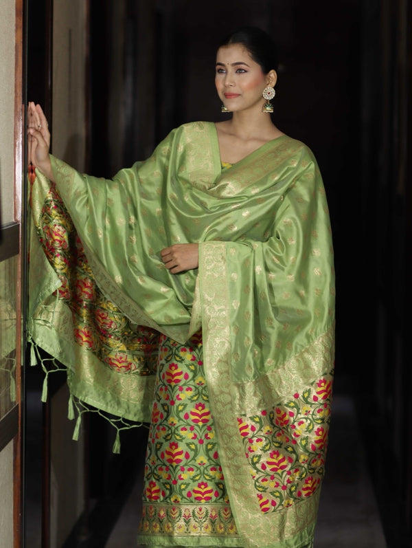 Banarasee Semi-Silk Zari & Resham Work Salwar Kameez Fabric With Dupatta Set-Light Green