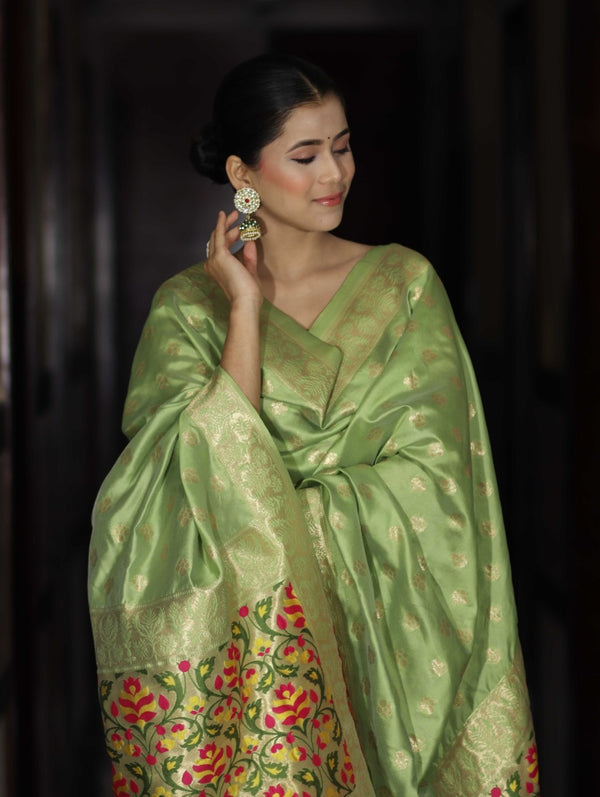 Banarasee Semi-Silk Zari & Resham Work Salwar Kameez Fabric With Dupatta Set-Light Green