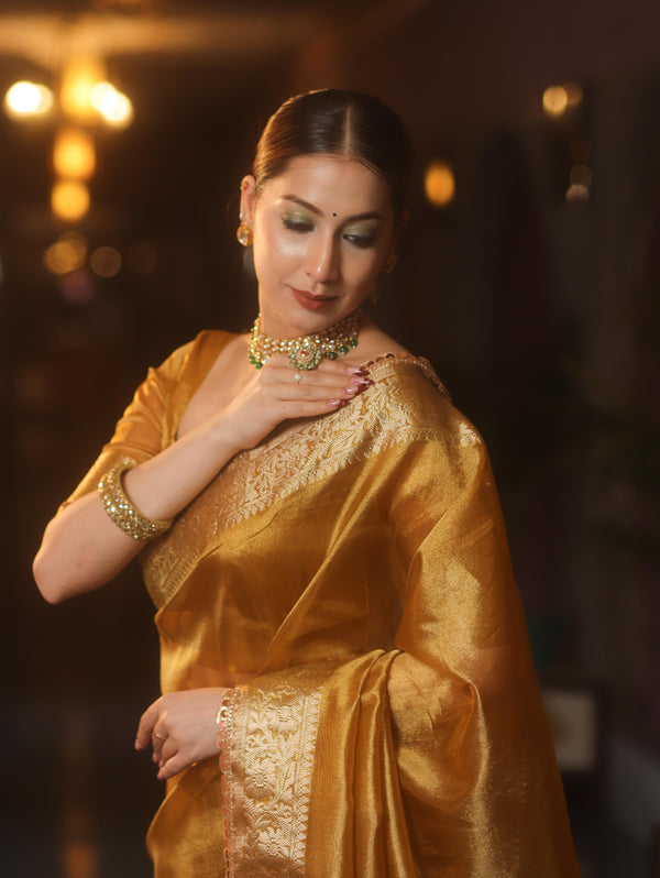 Banarasee Handwoven Plain Tissue Saree With Zari Border & Lace-Gold