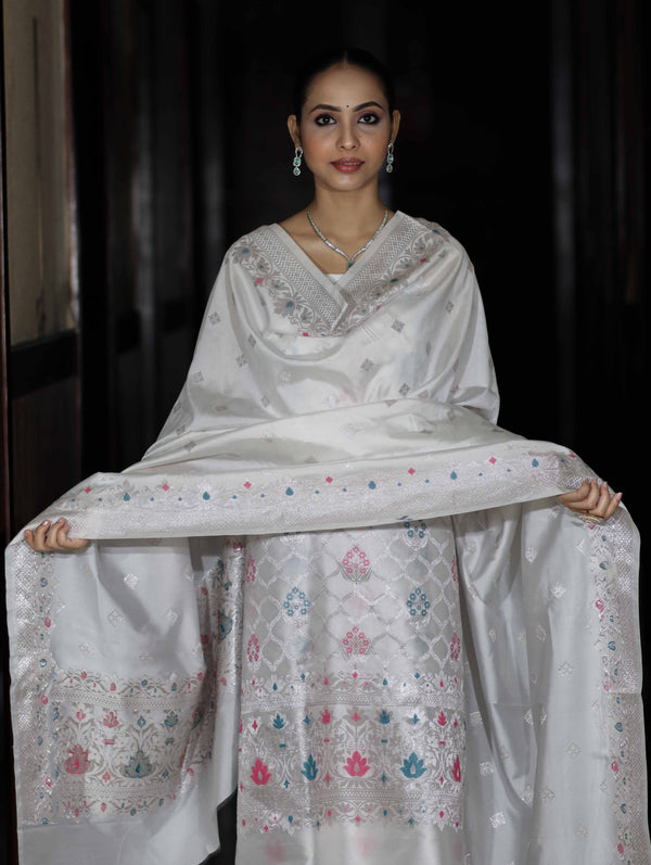 Banarasee Semi-Silk Silver Zari Work Salwar Kameez Fabric With Dupatta Set-White