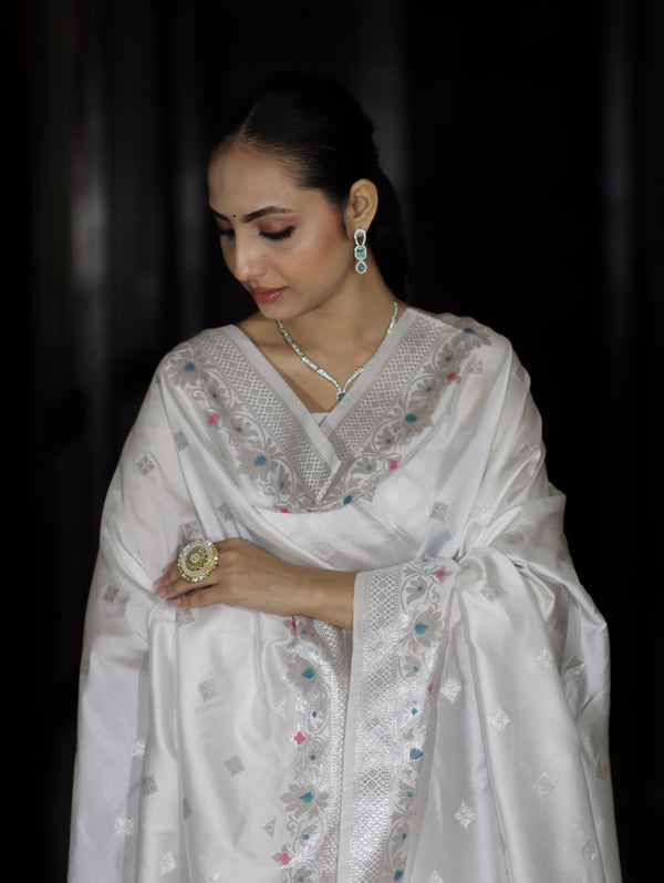 Banarasee Semi-Silk Silver Zari Work Salwar Kameez Fabric With Dupatta Set-White