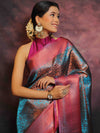 Banarasee Handwoven Broad Border Zari Jaal Design Tissue Saree-Blue & Pink