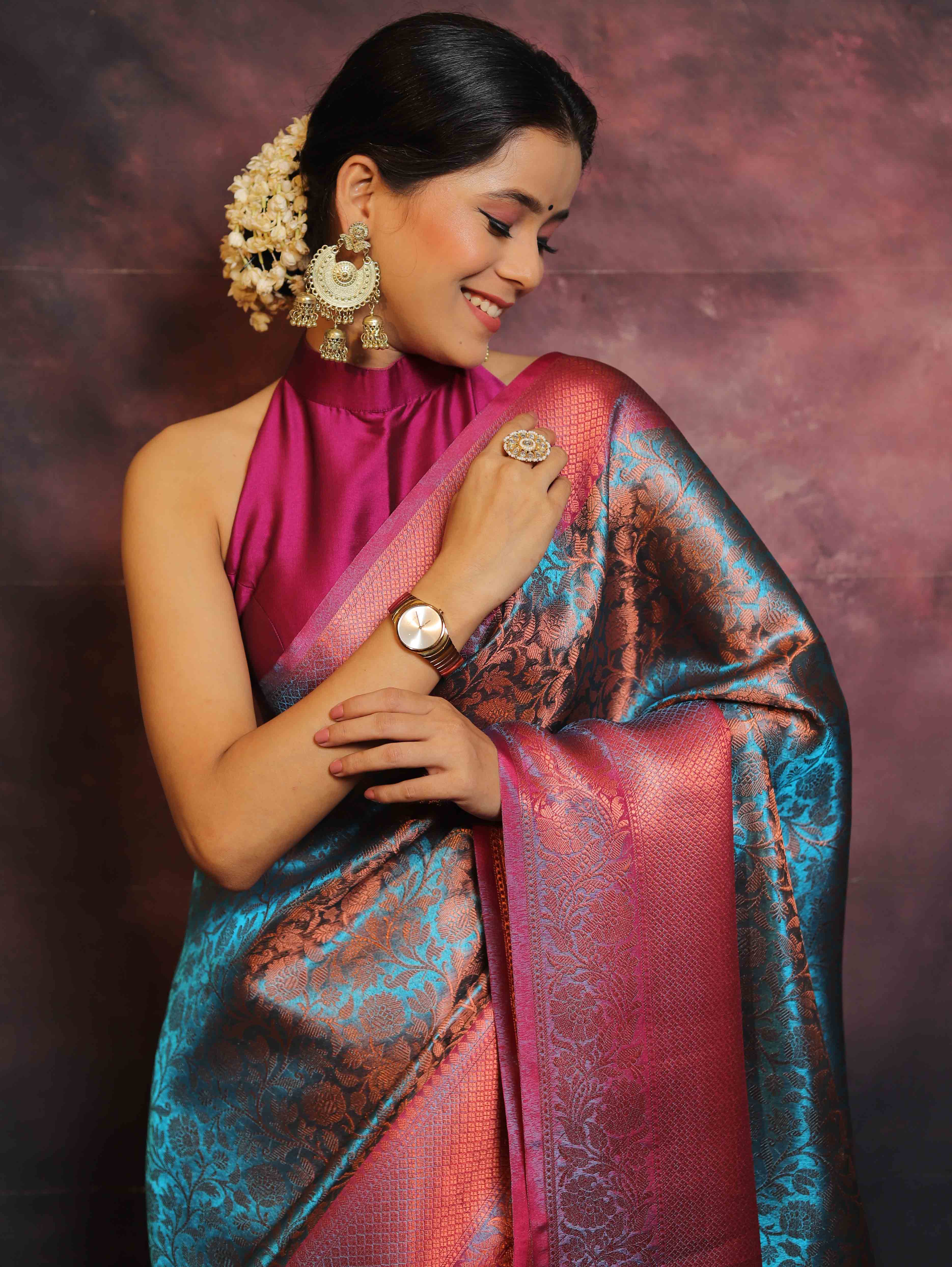 Banarasee Handwoven Broad Border Zari Jaal Design Tissue Saree-Blue & Pink