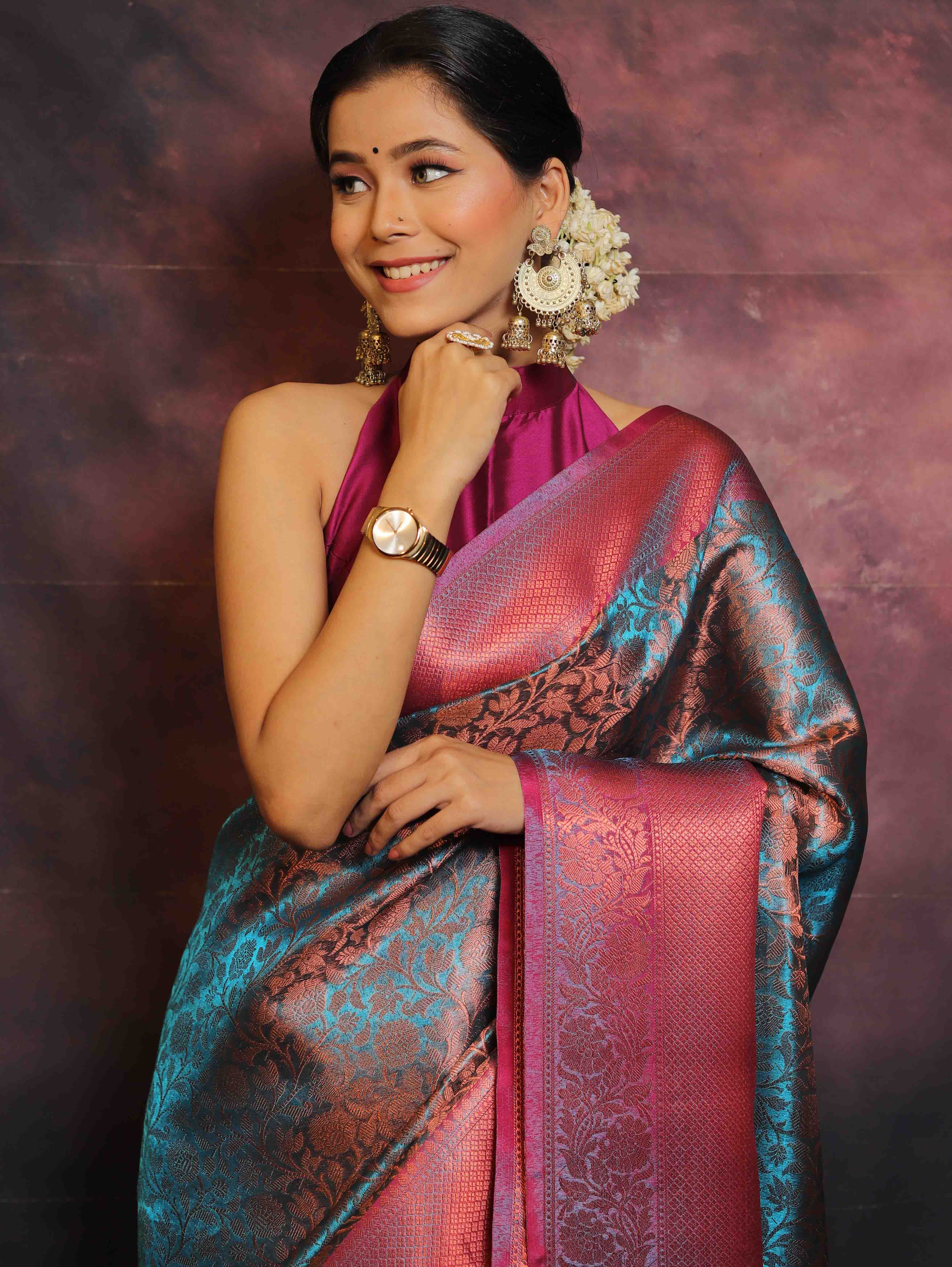 Banarasee Handwoven Broad Border Zari Jaal Design Tissue Saree-Blue & Pink