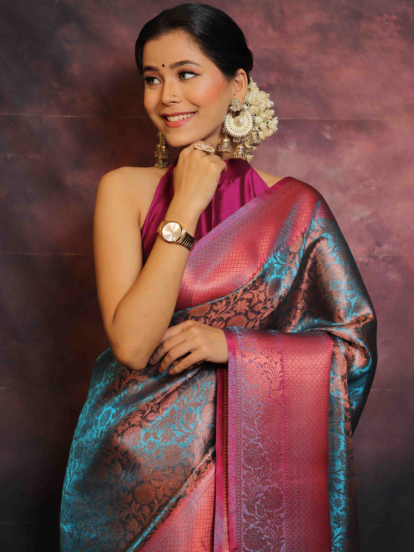 Banarasee Handwoven Broad Border Zari Jaal Design Tissue Saree-Blue & Pink