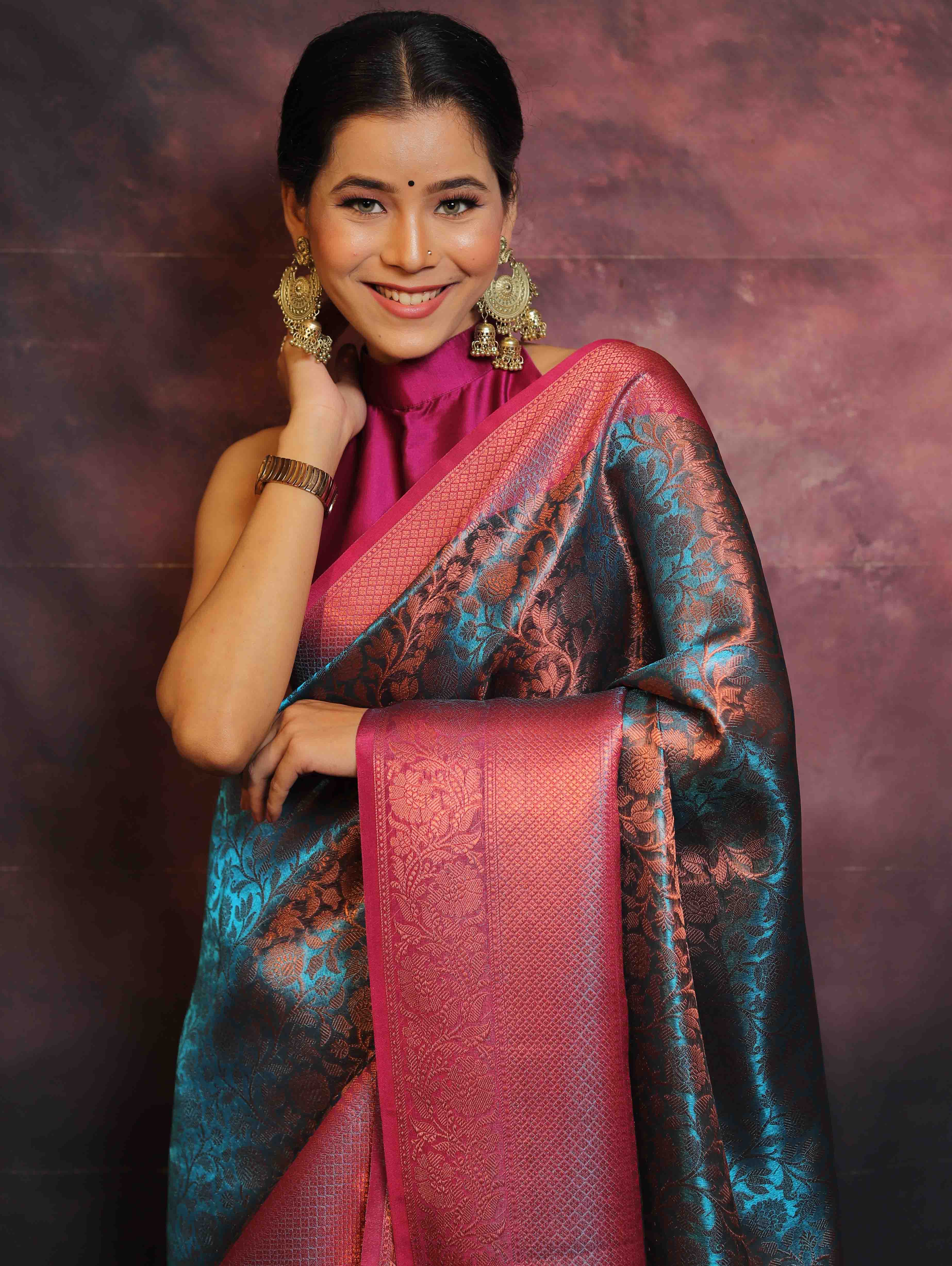 Banarasee Handwoven Broad Border Zari Jaal Design Tissue Saree-Blue & Pink