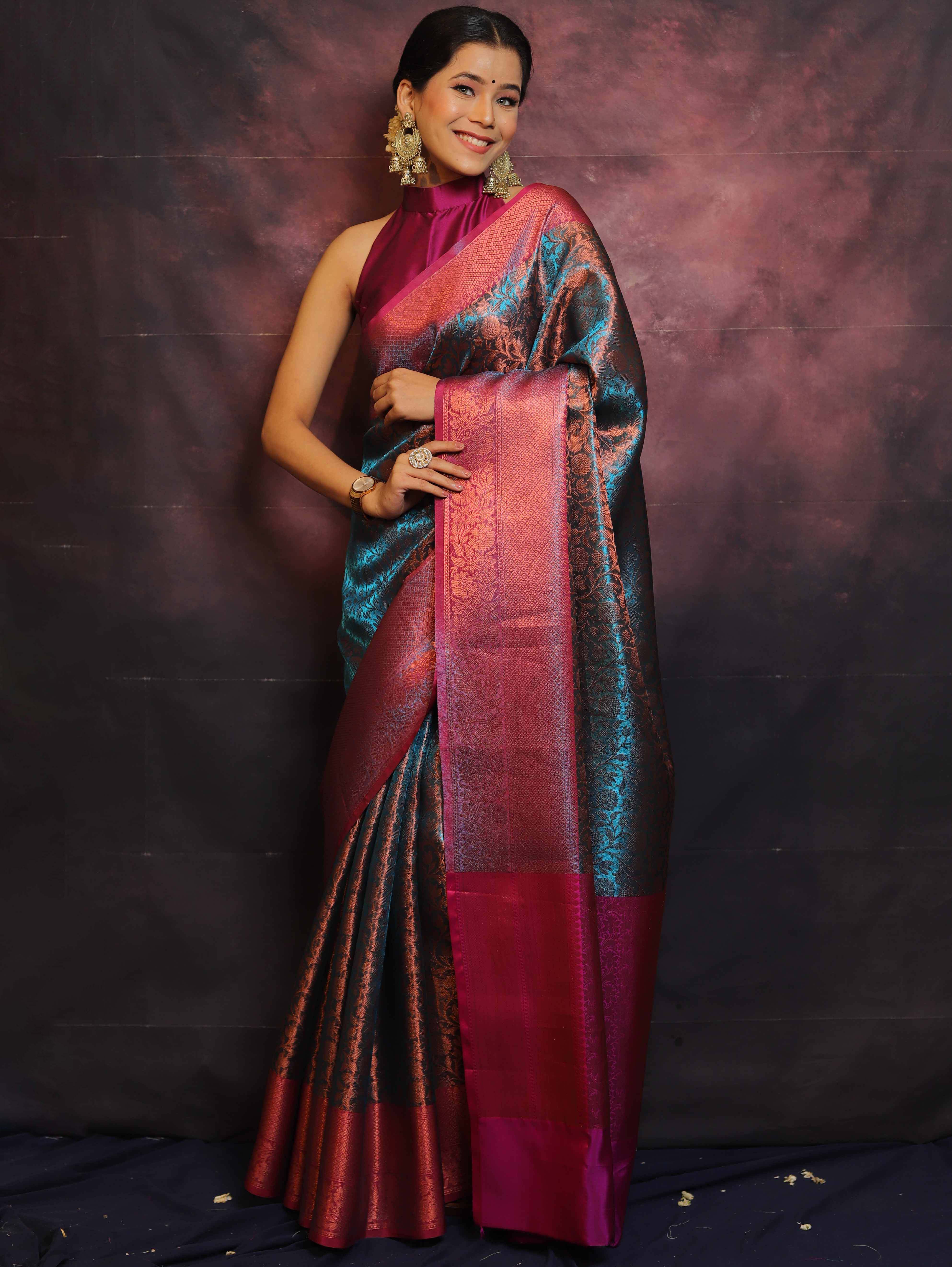 Banarasee Handwoven Broad Border Zari Jaal Design Tissue Saree-Blue & Pink