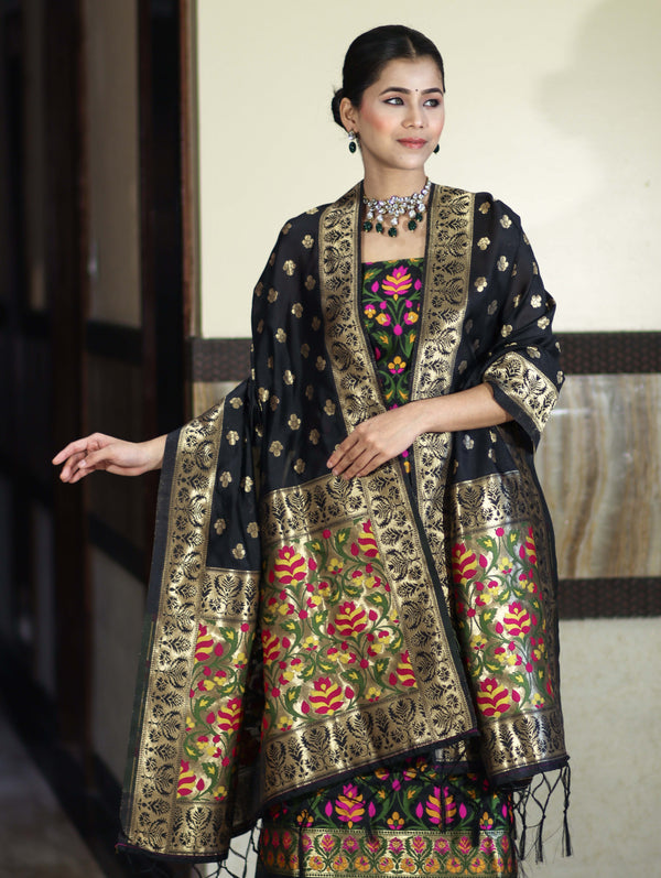 Banarasee Semi-Silk Zari & Resham Work Salwar Kameez Fabric With Dupatta Set-Black