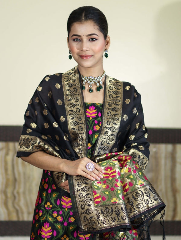 Banarasee Semi-Silk Zari & Resham Work Salwar Kameez Fabric With Dupatta Set-Black