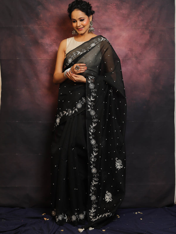 Banarasee Chanderi Cotton Hand-Embroidered Saree-Black