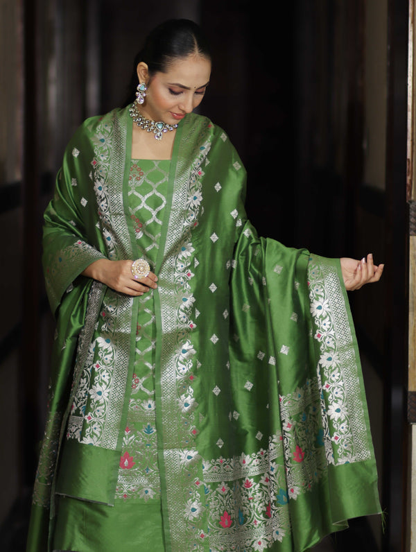 Banarasee Semi-Silk Silver Zari Work Salwar Kameez Fabric With Dupatta Set-Leaf Green